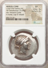 AEOLIS. Cyme. Ca. 165-155 BC. AR tetradrachm (32mm, 16.69 gm, 1h). NGC XF 4/5 - 4/5. Olympius, magistrate. Head of the Amazon Cyme right, hair bound w...