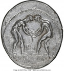 PAMPHYLIA. Aspendus. Ca. 380-250 BC. AR stater (25mm, 11h). NGC XF, brushed. Two wrestlers grappling; FN (N retrograde) between, MENETYΣ EΛYΦA in exer...