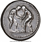 PAMPHYLIA. Aspendus. Ca. 325-250 BC. AR stater (24mm, 10.65 gm, 12h). NGC Choice XF 5/5 - 4/5. Two wrestlers grappling, AΛ between, all in dotted circ...