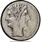 Anonymous. Ca. 225-214/2 BC. AR didrachm or quadrigatus (21mm, 6.75 gm, 6h). NGC XF 4/5 - 3/5. Uncertain mint. Laureate janiform heads of the Dioscuri...