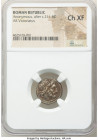 Anonymous. Ca. 211-208 BC. AR victoriatus (16mm, 5h). NGC Choice XF. Rome. Laureate head of Jupiter right, dotted border / ROMA, Victory standing righ...