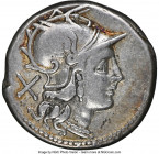Anonymous. After ca. 211 BC. AR denarius (18mm, 4.42 gm, 10h). NGC VF 4/5 - 4/5. Rome. Head of Roma right, wearing winged helmet decorated with griffi...