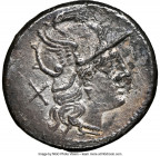 Cn. Domitius Ahenobarbus (ca. 189-180 BC). AR denarius (19mm, 1h). NGC XF, light smoothing. Rome. Head of Roma right, wearing winged helmet decorated ...