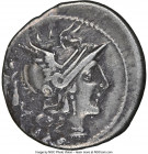C. Terentius Lucanus (147 BC). AR denarius (20mm, 4.10 gm, 1h). NGC VF 5/5 - 2/5. Rome. Helmeted head of Roma right; behind, Victory above X (mark of ...