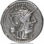 T. Quinctius Flamininus (ca. 126 BC). AR denarius (18mm, 3.80 gm, 7h). NGC VF 5/5 - 4/5. Rome. Head of Roma right, wearing winged helmet decorated wit...