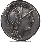 Titus Manlius Mancius, Appius Claudius Pulcher, and Q. Urbinius, moneyers (111-110 BC). AR denarius (17mm, 3.89 gm, 12h). NGC Choice XF 5/5 - 3/5, lig...