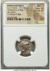 C. Claudius Pulcher (110-109 BC). AR denarius (18mm, 3.83 gm, 6h). NGC AU 4/5 - 4/5. Rome. Head of Roma right wearing winged helmet decorated with cir...