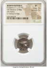 D. Silanus L.f. (ca. 91 BC). AR denarius (17mm, 3.88 gm, 4h). NGC XF 4/5 - 5/5. Rome. Head of Roma right, wearing winged helmet decorated with griffin...