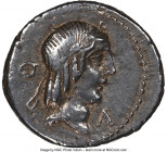 L. Calpurnius Piso Frugi (90 BC). AR denarius (19mm, 3.96 gm, 5h). NGC Choice XF 5/5 - 5/5. Rome. Laureate head of Apollo right; O behind, A before, d...