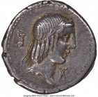 L. Calpurnius Piso Frugi (90 BC). AR denarius (18mm, 3.94 gm, 5h). NGC Choice VF 5/5 - 4/5, edge marks. Rome. Laureate head of Apollo right; cuirass b...