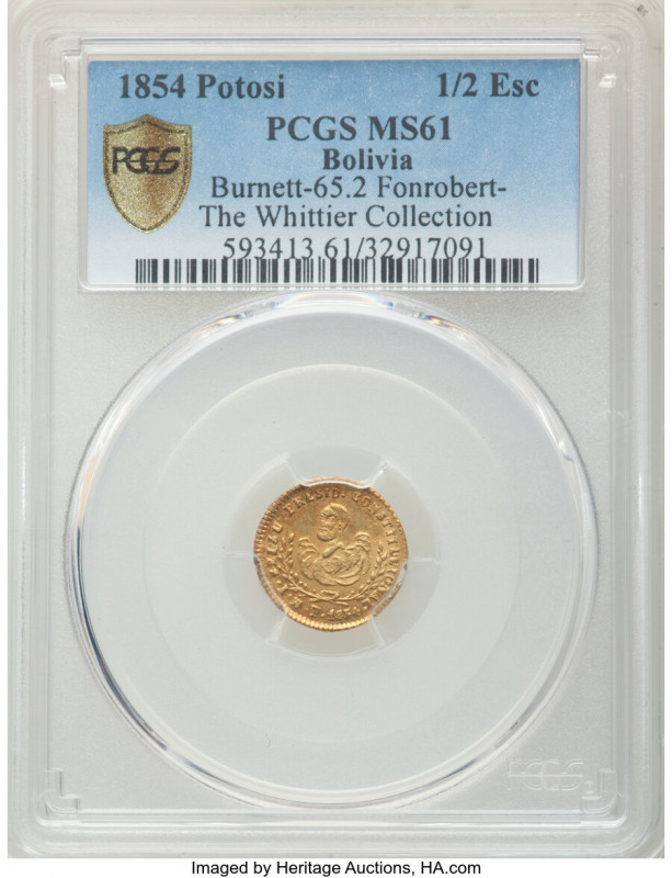 Republic gold "Proclamation" Medal of 1/2 Escudo 1854 PTS-MJ MS61 PCGS, Potosi m...