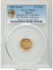 Republic gold "Proclamation" Medal of 1/2 Escudo 1854 PTS-MJ MS61 PCGS, Potosi mint, Burnett-65.2, Fonrobert-9591. General Belzu bust half left / Fema...