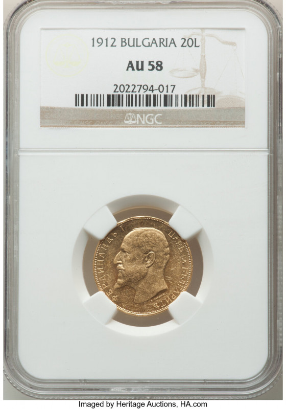 Ferdinand I gold 20 Leva 1912 AU58 NGC, KM33. Declaration of Independence issue....