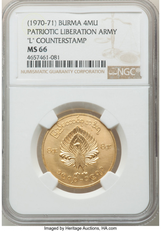 Patriotic Liberation Army gold 4 Mu ND (1970-1971) MS66 NGC, KM-X5. "L" Counters...