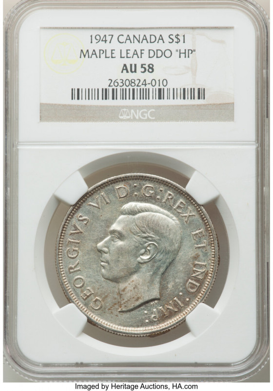 George VI "Maple Leaf - Doubled HP" Dollar 1947 AU58 NGC, Royal Canadian mint, K...