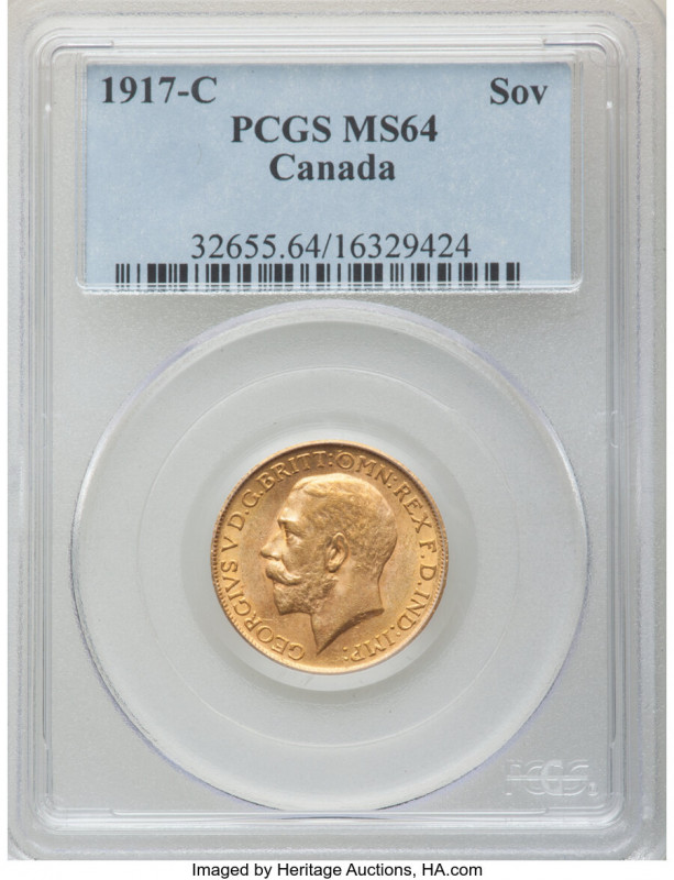 George V gold Sovereign 1917-C MS64 PCGS, Ottawa mint, KM20. Apricot toning. AGW...