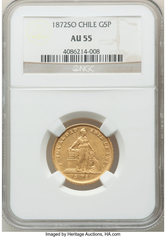 Republic gold 5 Pesos 1872-So AU55 NGC, Santiago mint, KM144. AGW 0.2207 oz. 

H...