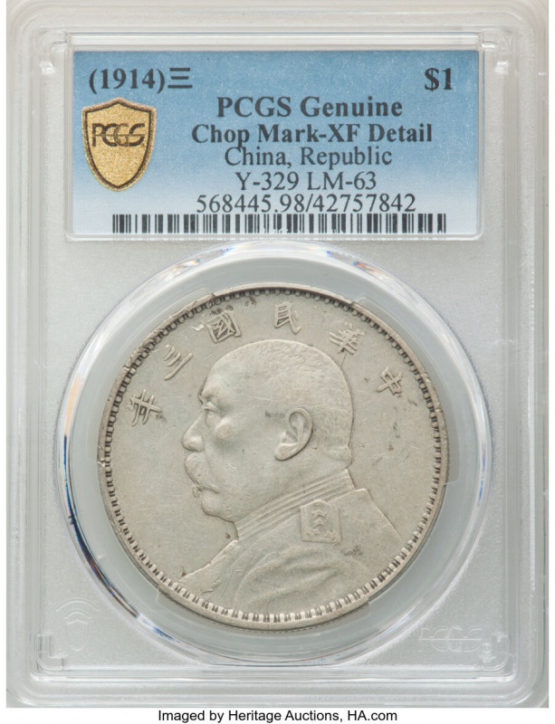 Republic Yuan Shih-Kai Dollar Year 3 (1914) XF Details (Chop Mark) PCGS, KM-Y329...
