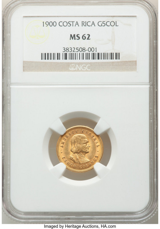 Republic gold 5 Colones 1900 MS62 NGC, KM142. Two year type. AGW 0.1126 oz. From...
