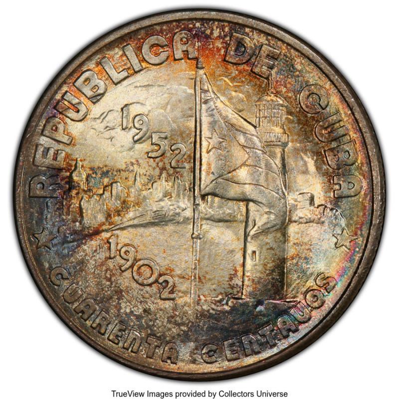 Republic 40 Centavos 1952 MS65 PCGS, Philadelphia mint, KM25. Nicely toned and i...