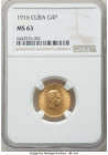 Republic gold 4 Pesos 1916 MS63 NGC, Philadelphia mint, KM18. Two year type. AGW 0.1935 oz. 

HID09801242017

© 2022 Heritage Auctions | All Rights Re...