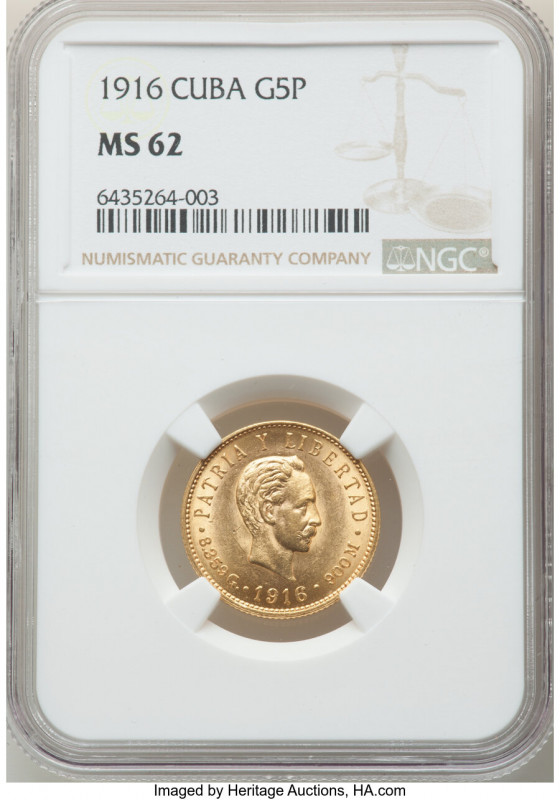 Republic gold 5 Pesos 1916 MS62 NGC, Philadelphia mint, KM19. AGW 0.2419 oz. 

H...