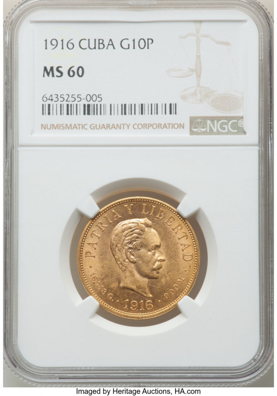 Republic gold 10 Pesos 1916 MS60 NGC, Philadelphia mint, KM20. AGW 0.4837 oz. 

...