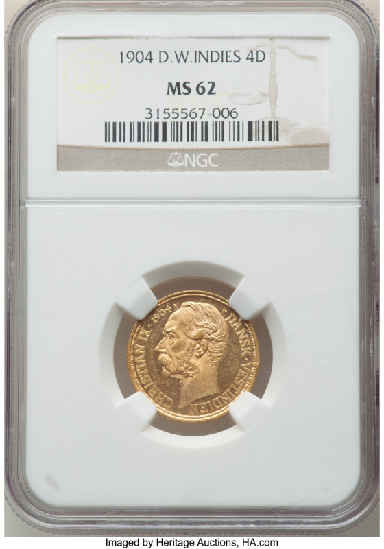Danish Colony. Christian IX gold 4 Daler (20 Francs) 1904-(h) MS62 NGC, Copenhag...