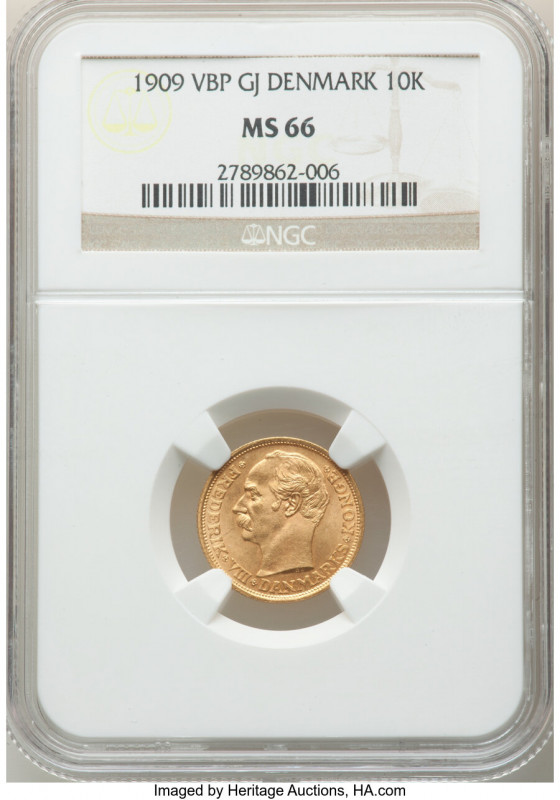 Frederick VIII gold 10 Kroner 1909 (h)-VBP MS66 NGC, Copenhagen mint, KM809. Two...