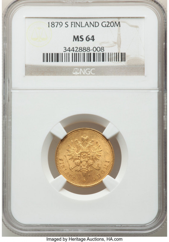 Russian Duchy. Alexander II gold 20 Markkaa 1879-S MS64 NGC, Helsinki mint, KM9....