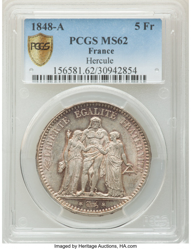Republic 5 Francs 1848-A MS62 PCGS, Paris mint, KM756.1. Two year type. 

HID098...