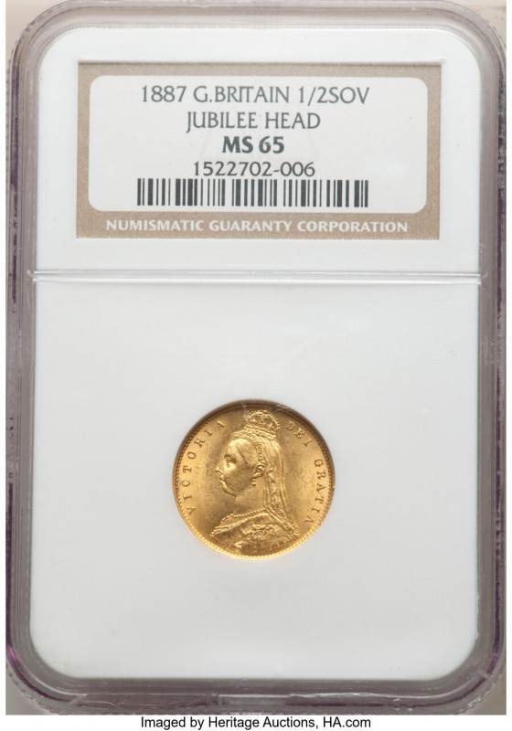 Victoria gold 1/2 Sovereign 1887 MS65 NGC KM766, S-3869. Jubilee head, first yea...