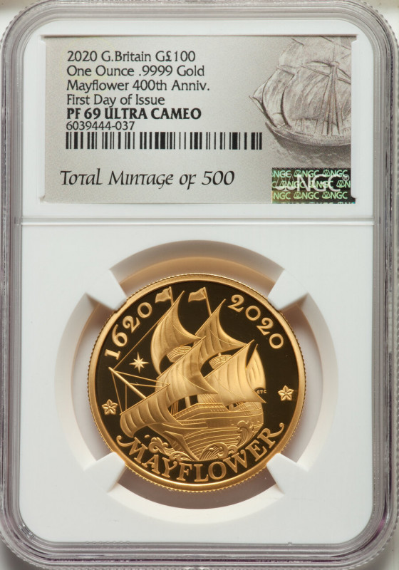 Elizabeth II gold Proof "Mayflower 400th Anniversary" 100 Pounds (1 oz) 2020 PR6...