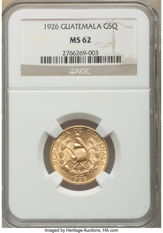 Republic gold 5 Quetzales 1926-(P) MS62 NGC, Philadelphia mint, KM244. 

HID0980...