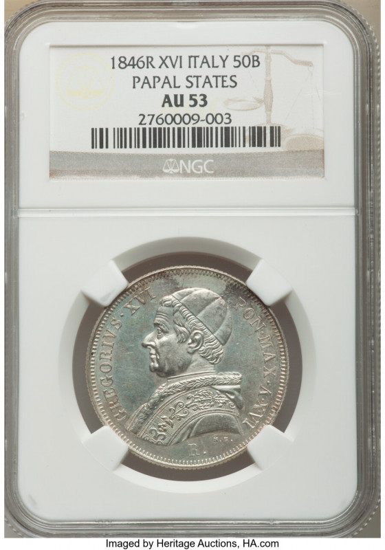 Papal States. Gregory XVI 50 Baiocchi Anno XVI (1846)-R AU53 NGC, Rome mint, KM1...