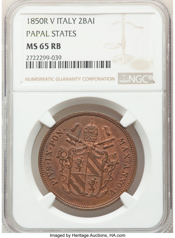 Papal States. Pius IX 2 Baiocchi Anno V (1850)-R MS65 Red and Brown NGC, Rome mi...