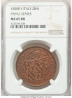 Papal States. Pius IX 2 Baiocchi Anno V (1850)-R MS65 Red and Brown NGC, Rome mint, KM1344. Muted luster, red and brown color. From the Meduno Collect...