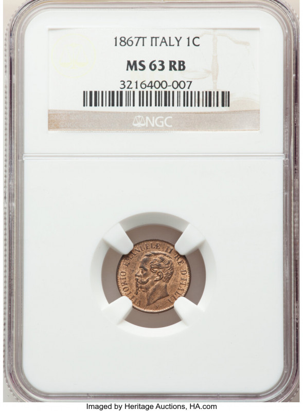 Vittorio Emanuele II Centesimo 1867-T MS63 Red and Brown NGC, Turin mint, KM1.3....