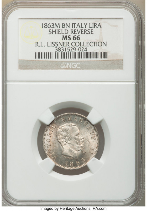 Vittorio Emanuele II Lira 1863 M-BN MS66 NGC, Milan mint, KM5a.1. Shield reverse...