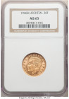 Franz Joseph II gold 20 Franken 1946-B MS65 NGC, Bern mint, KM-Y14. Mintage: 10,000. One year type. Rose-colored gold with satin fields. From the "For...