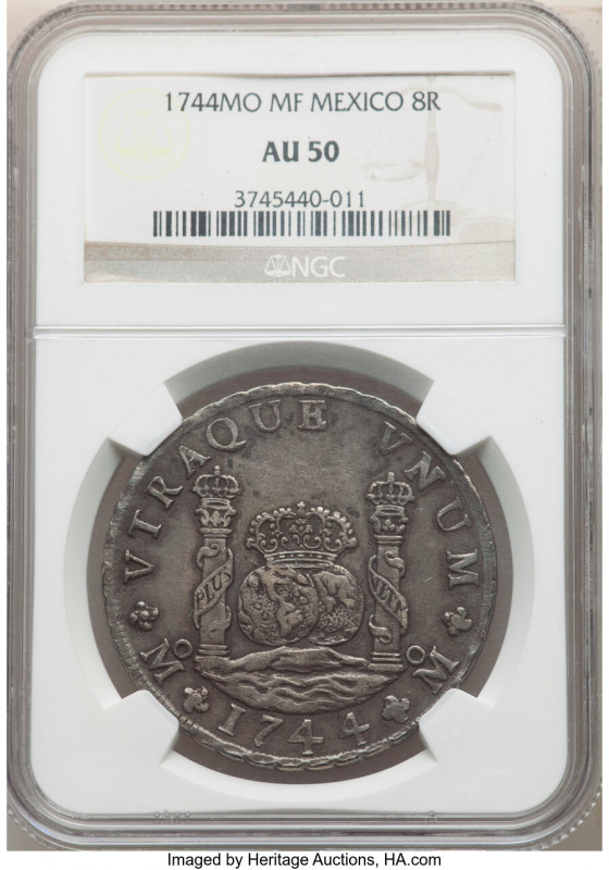 Philip V 8 Reales 1744 Mo-MF AU50 NGC, Mexico City mint, KM103. Lovely lavender-...
