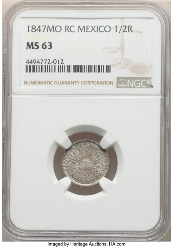 Republic 1/2 Real 1847 Mo-RC MS63 NGC, Mexico City mint, KM370.9. Pewter toning ...