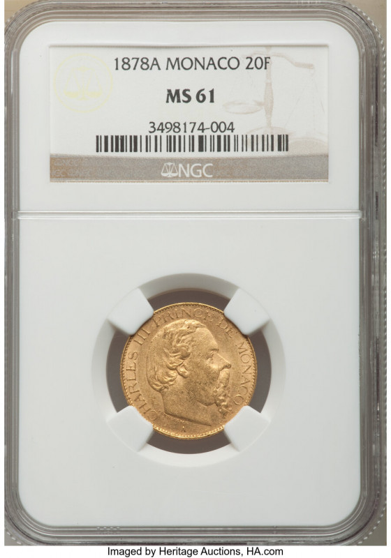 Charles III gold 20 Francs 1878-A MS61 NGC, Paris mint, KM98. AGW 0.1867 oz. 

H...