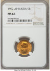 Nicholas II gold 5 Roubles 1902-AP MS66 NGC, St. Petersburg mint, KM-Y62. Gem uncirculated with orange-copper color. AGW 0.1245 oz. 

HID09801242017

...