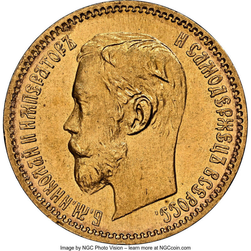 Nicholas II gold 5 Roubles 1902-AP MS66 NGC, St. Petersburg mint, KM-Y62. AGW 0....