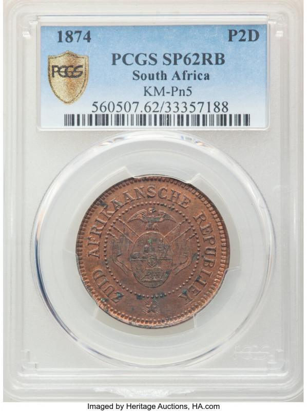 Transvaal. Republic bronze Specimen Pattern 2 Pence 1874 SP62 Red and Brown PCGS...