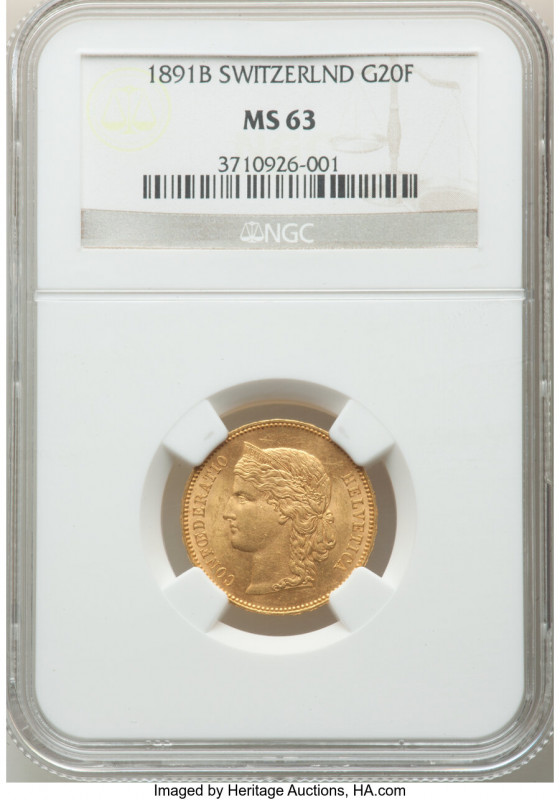 Confederation gold 20 Francs 1891-B MS63 NGC, Bern mint, KM31.3. From the "For M...