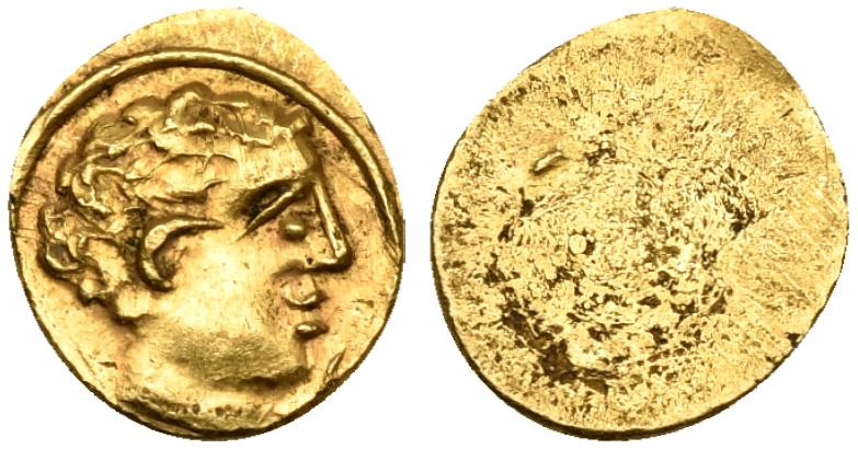 Etruria, Populonia, 10-asses, ca. 300-250 BC; AV (g 0,49; mm 18); Male head r.; ...