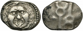 Etruria, Populonia, 20-asses, 3rd century BC; AR (g 8,32; mm 23); Head of Metus facing, hair bound with diadem; below, X:X, Rv. Two caducei, head to t...