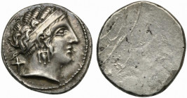 Etruria, Populonia, 10-asses, ca. 300-250 BC; AR (g 3,51; mm 17); Female head r., wearing broad hair band and triple-pendant earring; behind, X, Rv. B...
